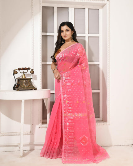 dB DESH BIDESH Women's Soft Cotton Silk Jamdani Sarees For Women for Party Festival Wedding Silk Saree GlamQueen Gold Work Design Without Blouse piece (Candy Pink)