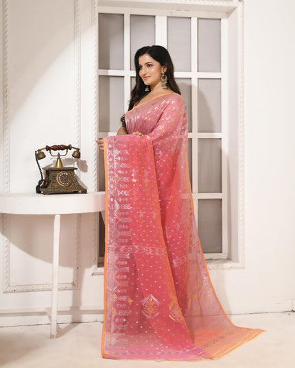 dB DESH BIDESH Women's Soft Cotton Silk Jamdani Sarees For Women for Party Festival Wedding Silk Saree GlamQueen Gold Work Design Without Blouse piece (Coral Pink)