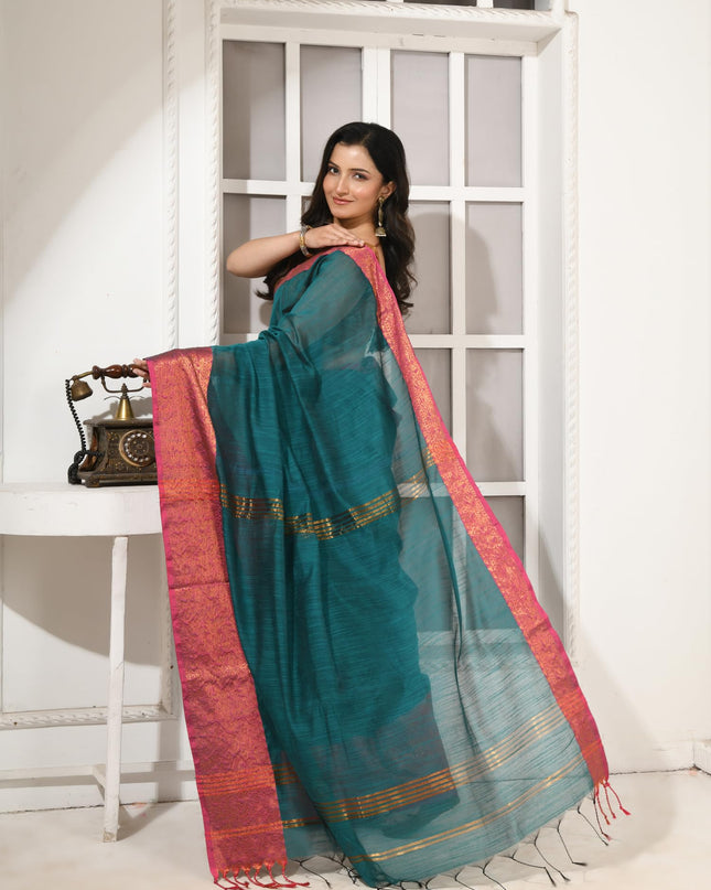 dB DESH BIDESH Women's Soft Cotton Linen Saree For Woman Kolkamoyee Trendy festival Silk Saree For Wedding Banarasi Style Pallu Sari With Blouse Piece (Bottle Green)