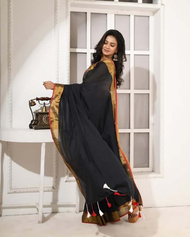 dB DESH BIDESH Women`s Soft Cotton Linen Silk Saree Pure Handloom Mul Cotton Saree For Women Black Affair Latest, Design Gold Zari Border Sarees With Blouse Piece