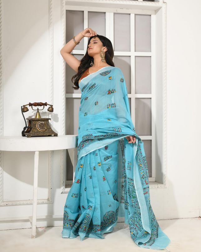 dB DESH BIDESH Women`s Cotton Saree for Woman | Saree for Woman Cotton Blend Tribal Mandala Printed Traditional Sari for Farewell Office Daily Wear with Blouse Piece (Sky Blue)