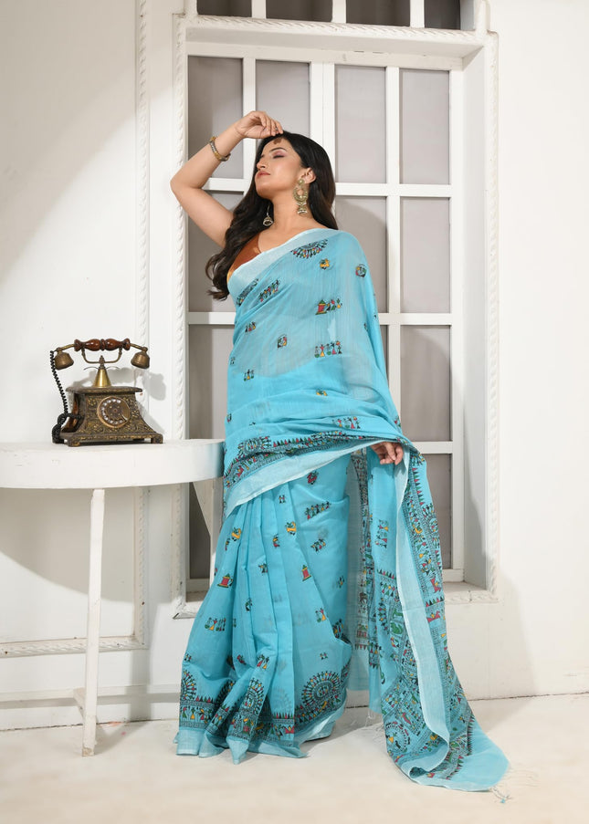 dB DESH BIDESH Women`s Cotton Saree for Woman | Saree for Woman Cotton Blend Tribal Mandala Printed Traditional Sari for Farewell Office Daily Wear with Blouse Piece (Sky Blue)