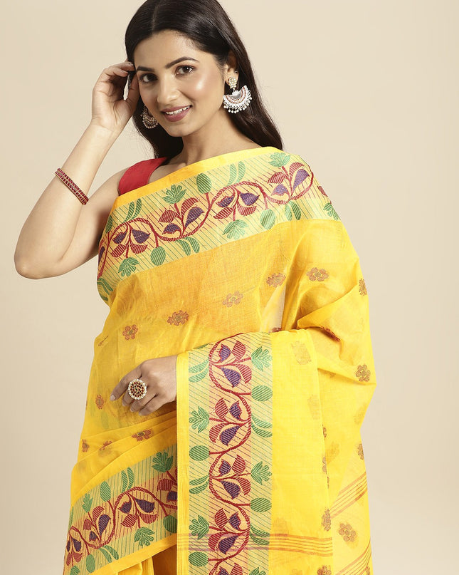 DESH BIDESH Yellow Ethnic Motifs Pure Cotton Taant Saree