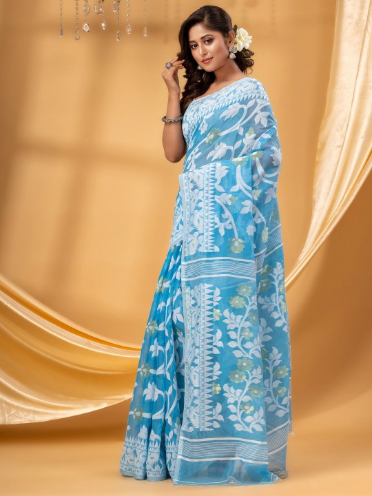 DESH BIDESH Floral Woven Design Pure Cotton Jamdani Saree