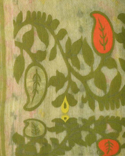DESH BIDESH Elegant White & Green Paisley Woven Phulkari Jamdani Saree