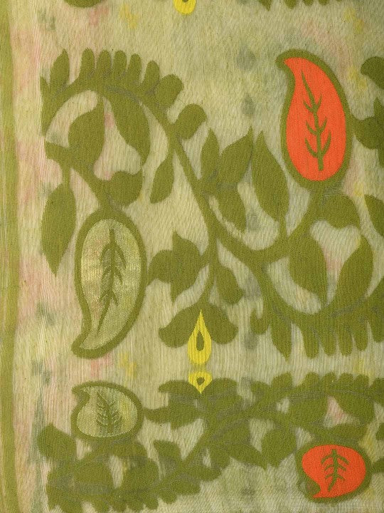 DESH BIDESH Elegant White & Green Paisley Woven Phulkari Jamdani Saree