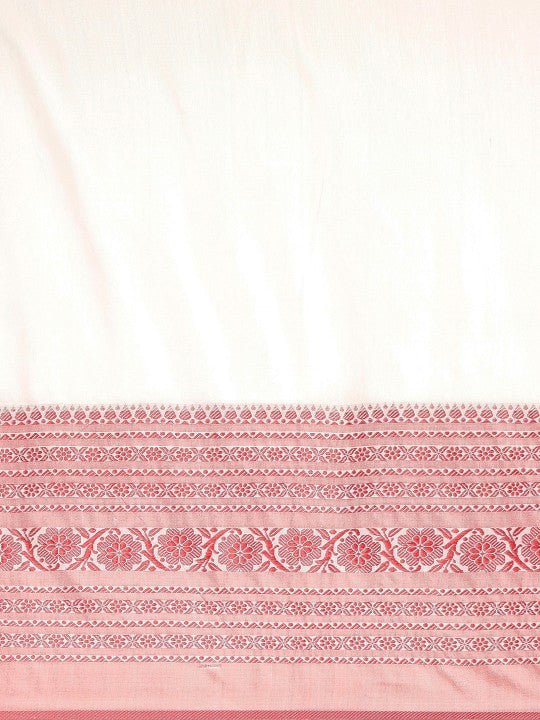 DESH BIDESH White & Red Solid Pure Cotton Taant Saree