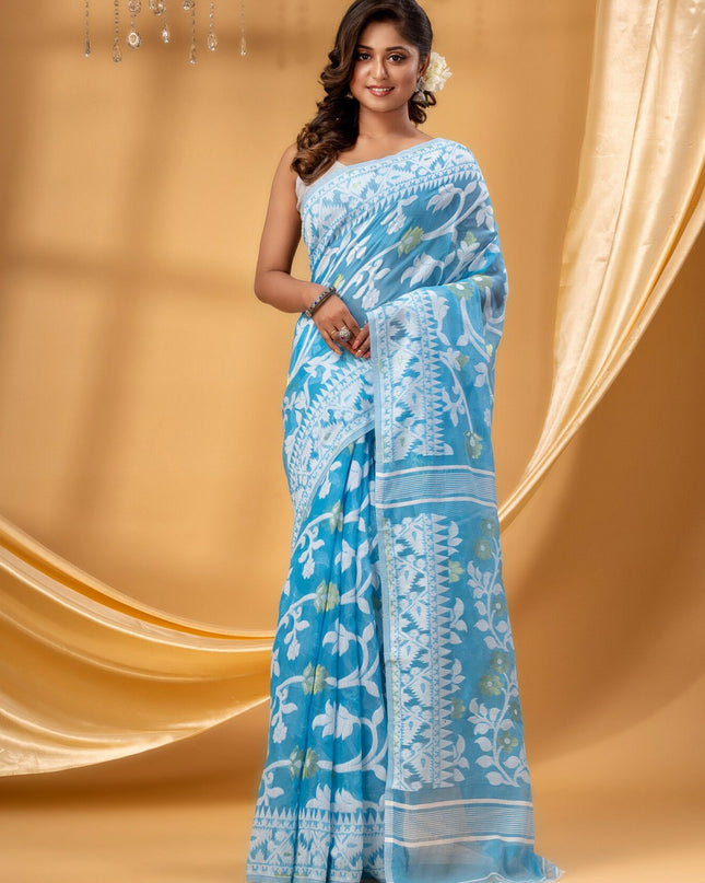 DESH BIDESH Floral Woven Design Pure Cotton Jamdani Saree