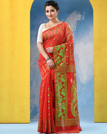 DESH BIDESH Floral Jamdani Saree: Elegant Red Green Woven Design Traditional Wear
