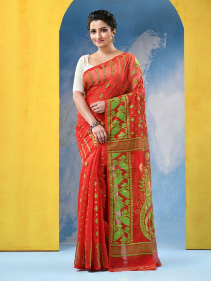 DESH BIDESH Floral Jamdani Saree: Elegant Red Green Woven Design Traditional Wear