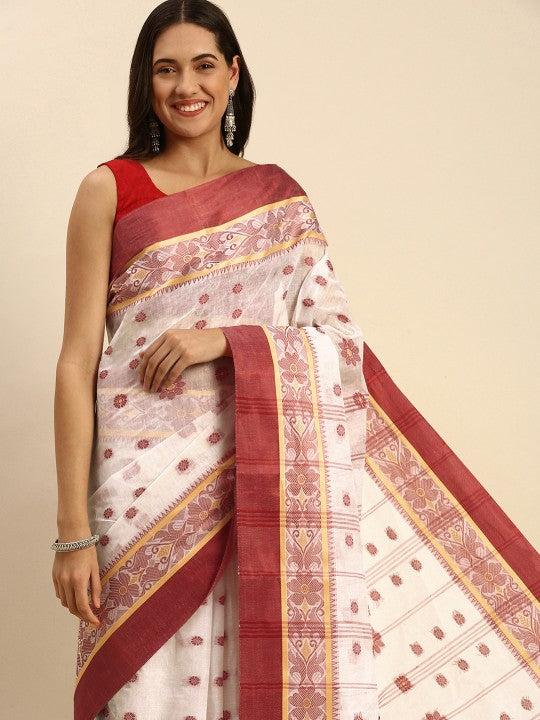 DESH BIDESH Woven Design Pure Cotton Taant Saree for Women