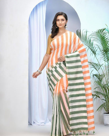 DESH BIDESH Women's Orange White Striped Pure Cotton Saree with Blouse Piece