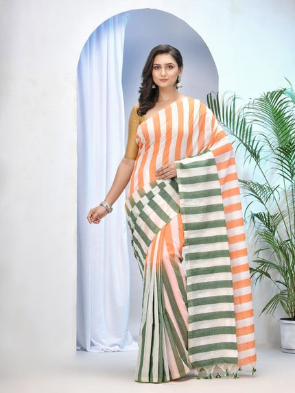 DESH BIDESH Women's Orange White Striped Pure Cotton Saree with Blouse Piece