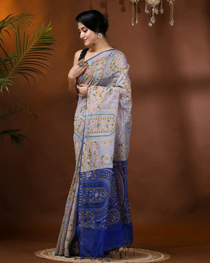 DESH BIDESH Woven Design Block Print Cotton Silk Saree with Tassels