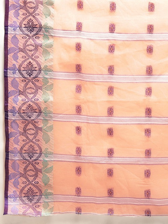 DESH BIDESH Peach Coloured & Grey Ethnic Motifs Pure Cotton Taant Saree