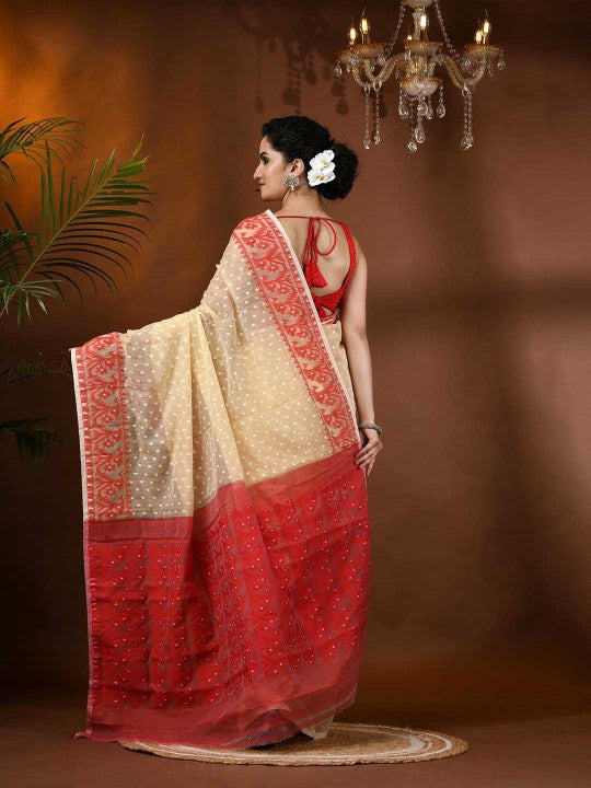 Exquisite Cream & Red Woven Jamdani Pure Cotton Saree for Women with Rich Motifs
