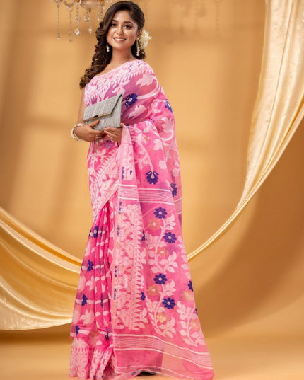 DESH BIDESH Floral Woven Design Zari Pure Cotton Jamdani Saree