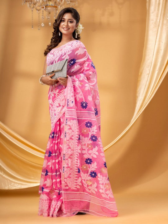 DESH BIDESH Floral Woven Design Zari Pure Cotton Jamdani Saree