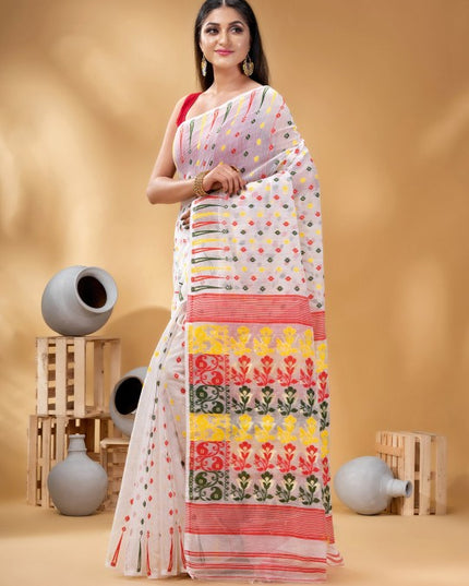 DESH BIDESH White and Red Woven Design Pure Cotton Jamdani Saree