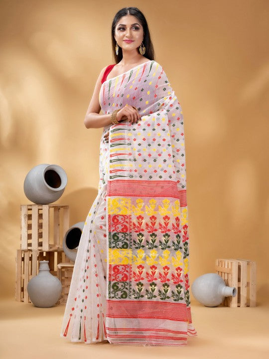 DESH BIDESH White and Red Woven Design Pure Cotton Jamdani Saree