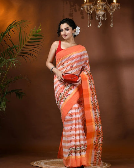 DESH BIDESH Women's Orange & White Pure Cotton Block Print Saree