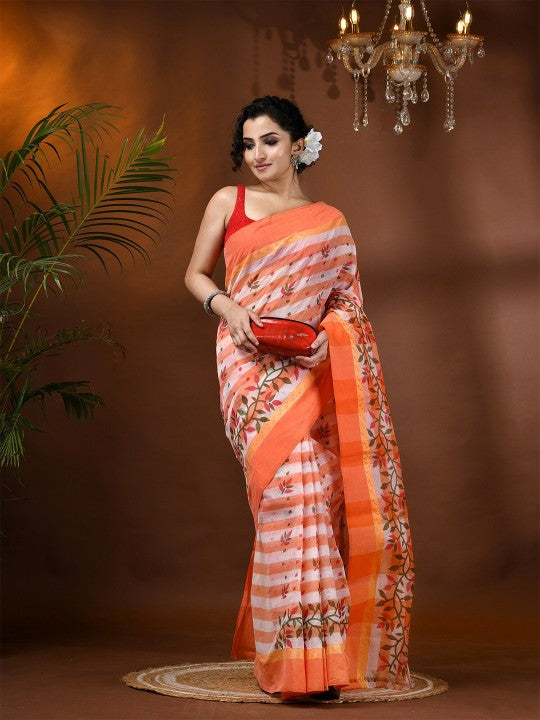 DESH BIDESH Women's Orange & White Pure Cotton Block Print Saree