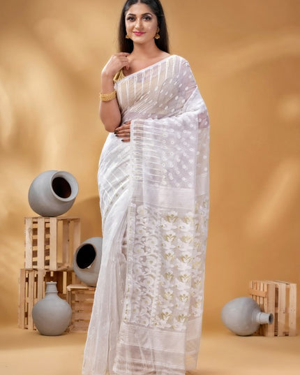 Elegant White Gold-Toned Woven Design Pure Cotton Jamdani Saree for Women