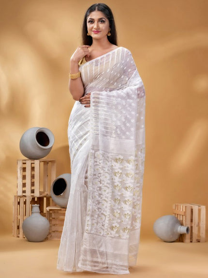 Elegant White Gold-Toned Woven Design Pure Cotton Jamdani Saree for Women