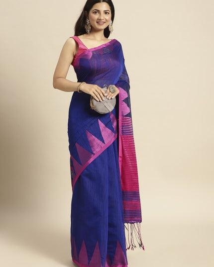 DESH BIDESH Blue & Pink Woven Design Pure Cotton Taant Saree