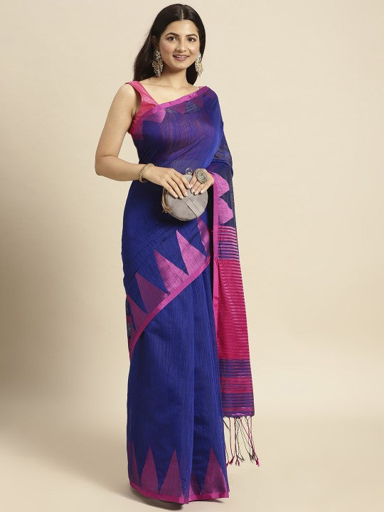 DESH BIDESH Blue & Pink Woven Design Pure Cotton Taant Saree
