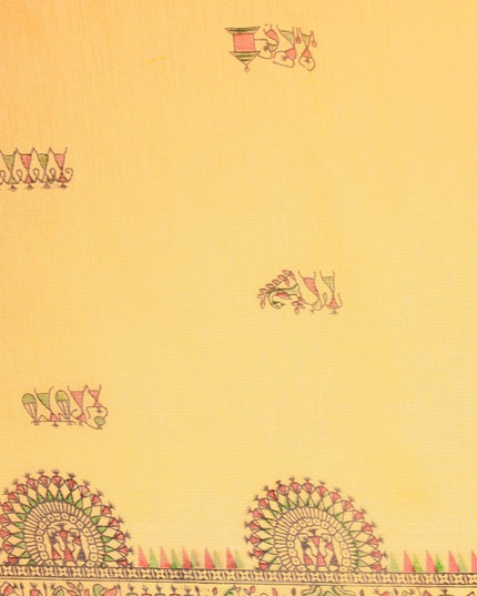 DESH BIDESH Yellow & Green Warli Print Pure Cotton Taant Saree
