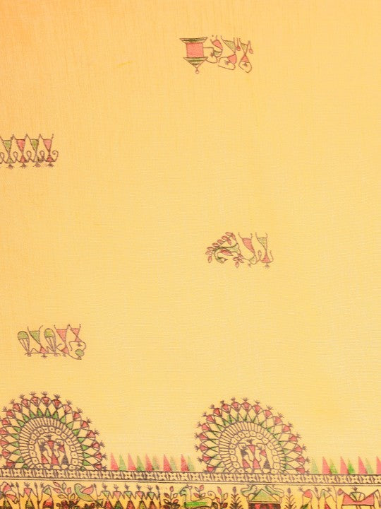 DESH BIDESH Yellow & Green Warli Print Pure Cotton Taant Saree