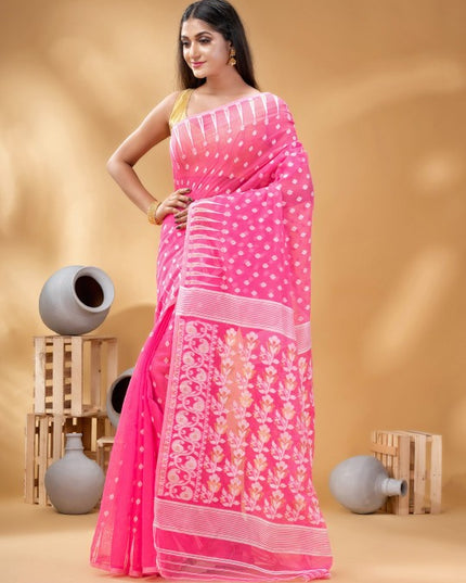 Pink & White Woven Design Pure Cotton Jamdani Saree by DESH BIDESH