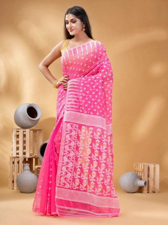 Pink & White Woven Design Pure Cotton Jamdani Saree by DESH BIDESH