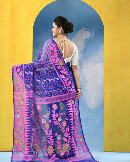 Exquisite Jamdani Cotton Blend Saree: Blue & Pink Woven Design with Solid Border