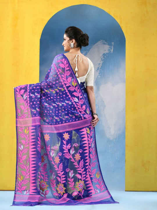Exquisite Jamdani Cotton Blend Saree: Blue & Pink Woven Design with Solid Border