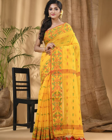 DESH BIDESH Yellow-Green Woven Design Silk Cotton Taant Saree for Women