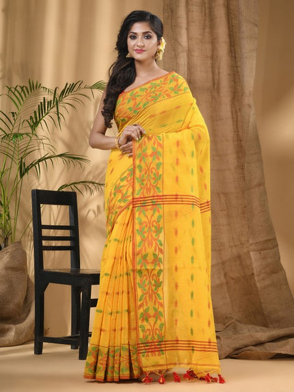 DESH BIDESH Yellow-Green Woven Design Silk Cotton Taant Saree for Women