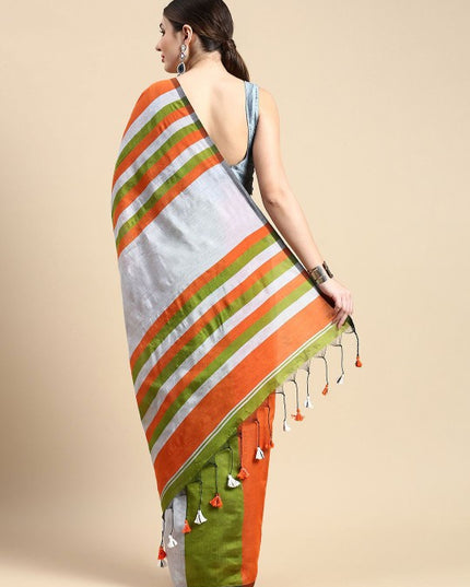 DESH BIDESH Orange and White Striped Silk Cotton Saree with Unstitched Blouse Piece