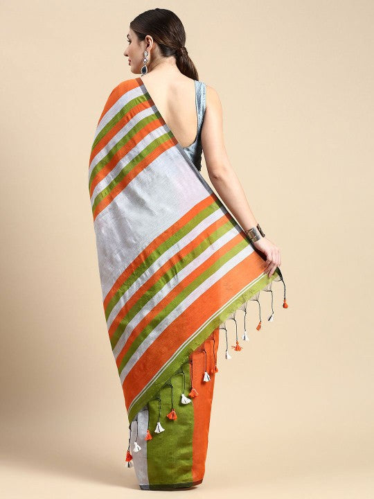 DESH BIDESH Orange and White Striped Silk Cotton Saree with Unstitched Blouse Piece