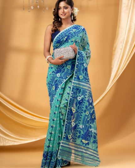 DESH BIDESH Turquoise Blue White Floral Woven Pure Cotton Jamdani Saree