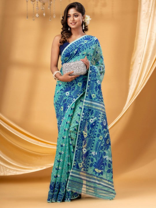DESH BIDESH Turquoise Blue White Floral Woven Pure Cotton Jamdani Saree