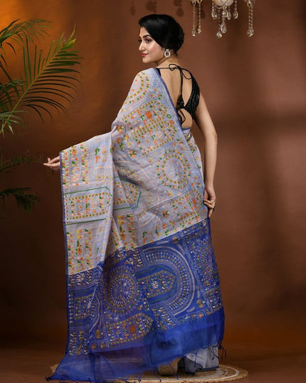 DESH BIDESH Woven Design Block Print Cotton Silk Saree with Tassels