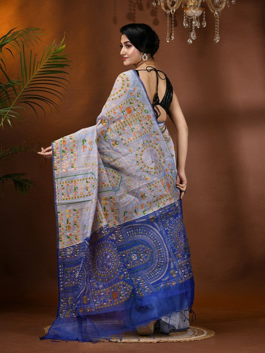 DESH BIDESH Woven Design Block Print Cotton Silk Saree with Tassels