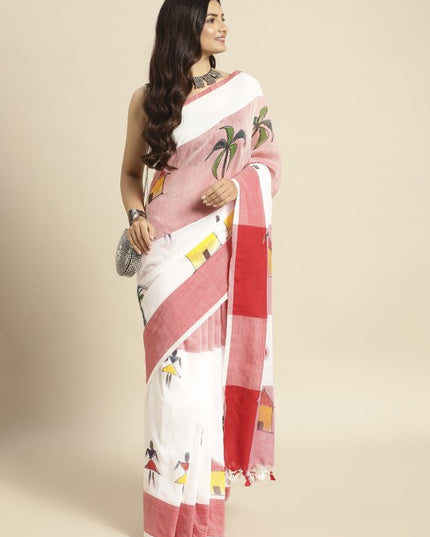 DESH BIDESH White & Red Warli Pure Cotton Taant Saree