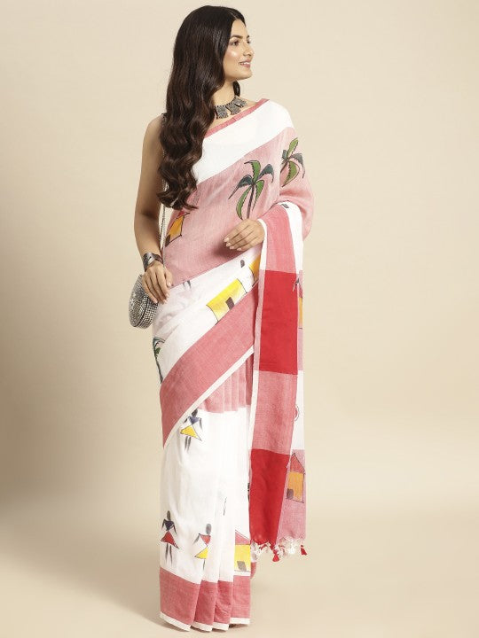 DESH BIDESH White & Red Warli Pure Cotton Taant Saree