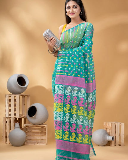 Exquisite Turquoise Blue and Pink Pure Cotton Jamdani Saree with Zari Details