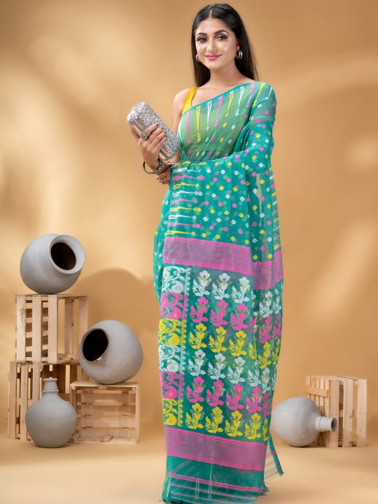 Exquisite Turquoise Blue and Pink Pure Cotton Jamdani Saree with Zari Details