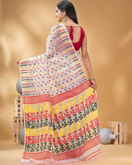 DESH BIDESH White and Red Woven Design Pure Cotton Jamdani Saree