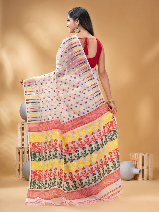 DESH BIDESH White and Red Woven Design Pure Cotton Jamdani Saree